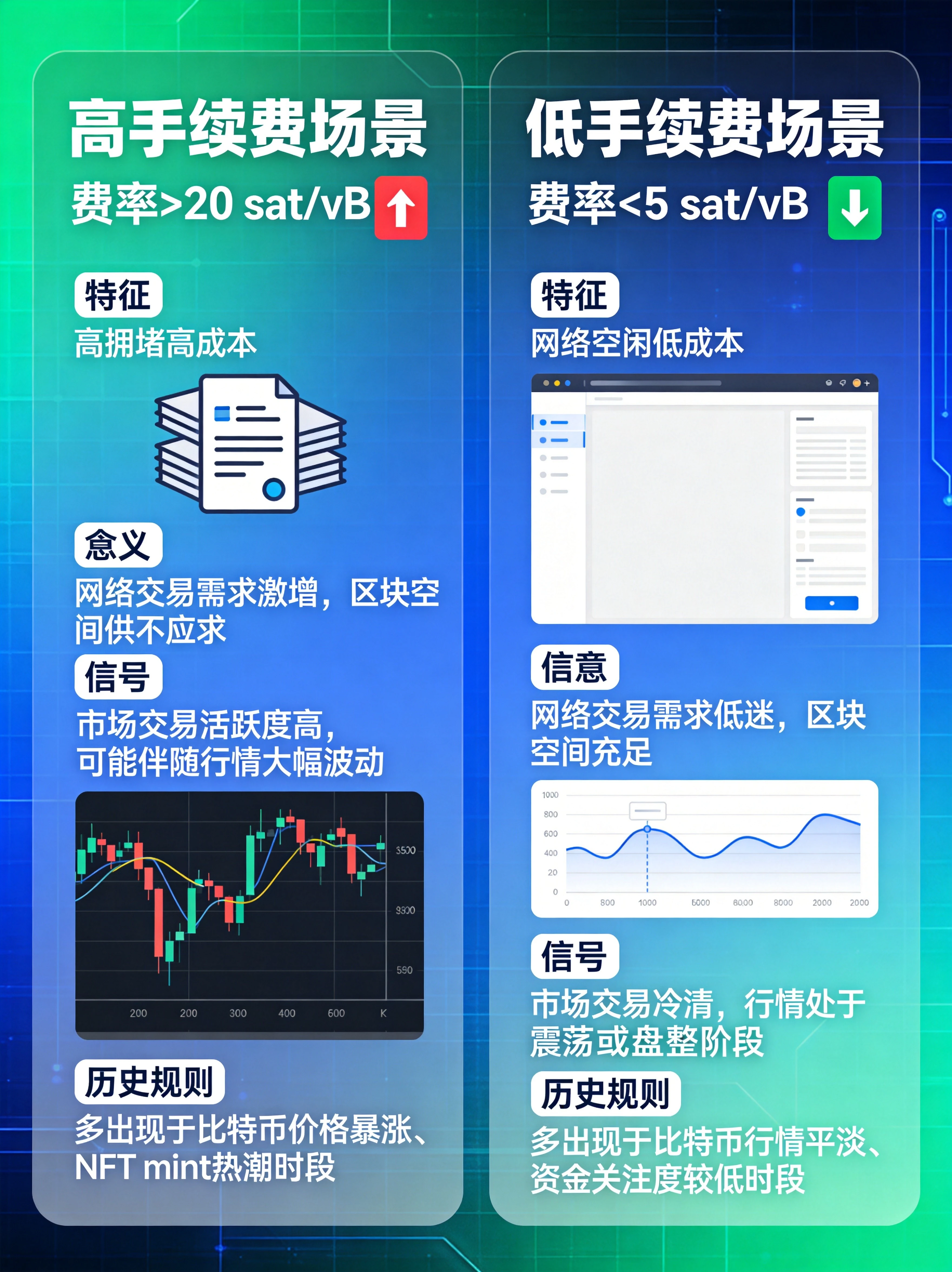 蓝绿色科技风格比特币高手续费vs低手续费场景对比信息图，左右分栏对比高费率（>20 sat/vB，高拥堵高成本）和低费率（<5 sat/vB，网络空闲低成本）的特征、含义、信号、历史规律