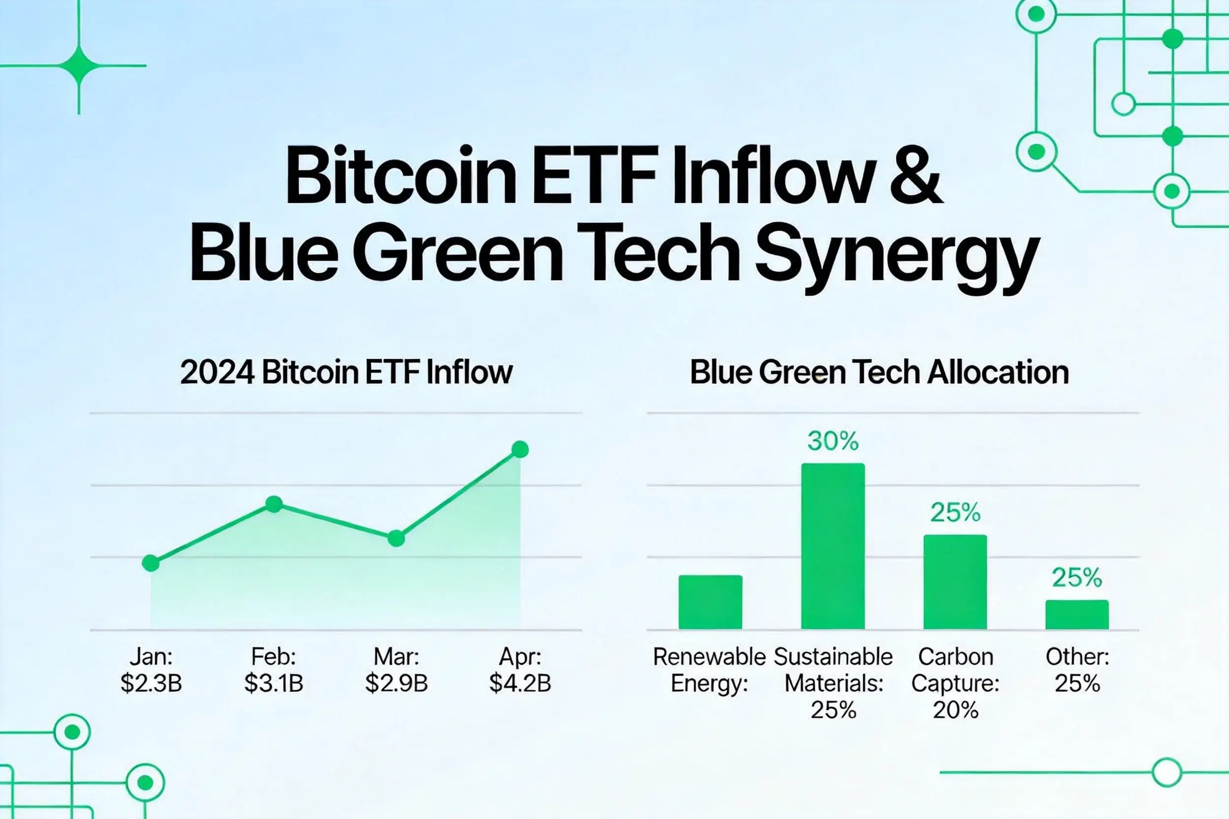 蓝绿科技风格比特币减半与现货ETF双引擎驱动图，机构资金流入与供应缩减