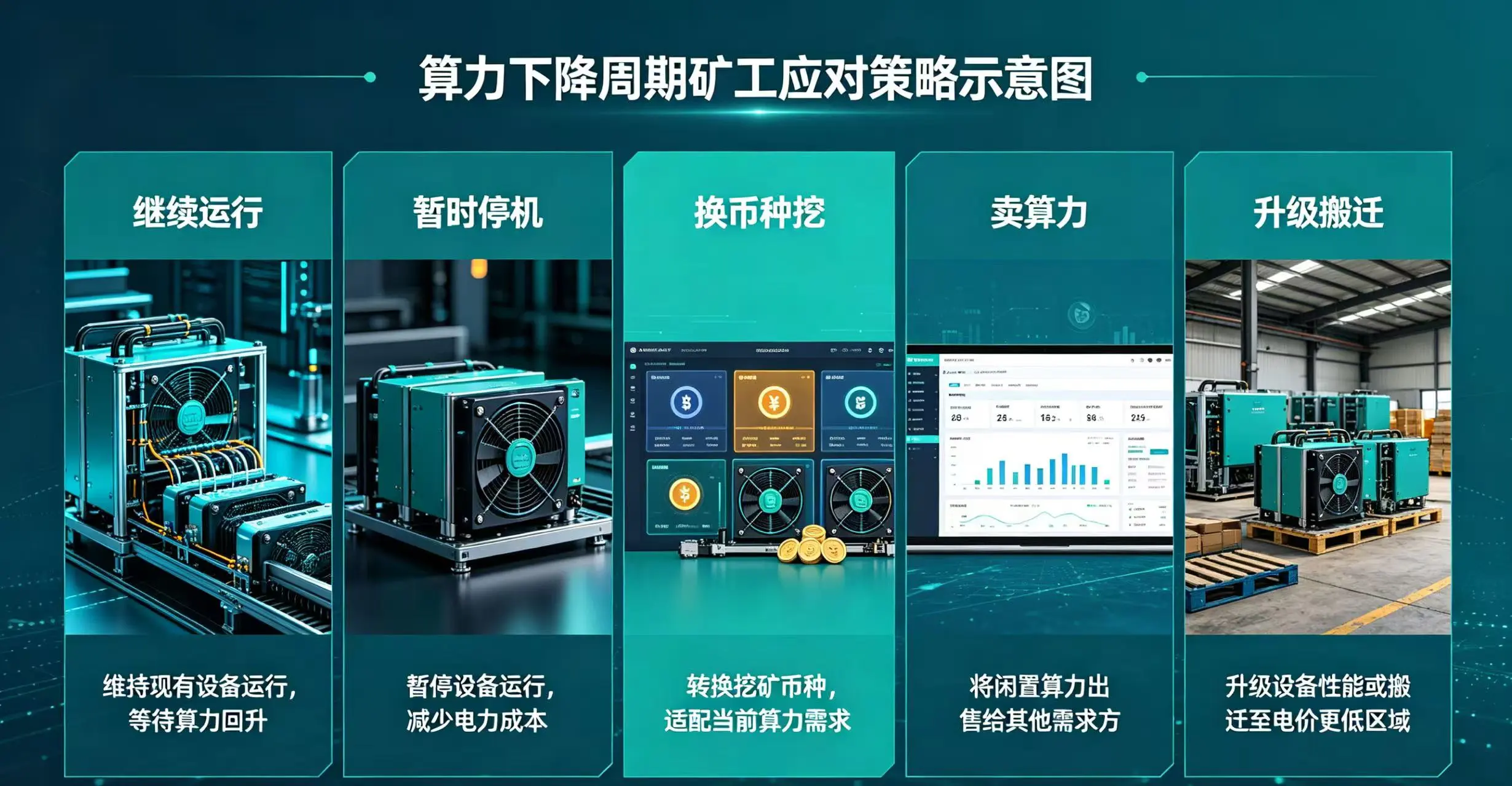 算力下降周期矿工选择示意图，清晰展示继续运行、暂时停机、换币种挖、卖算力、升级搬迁五种应对策略