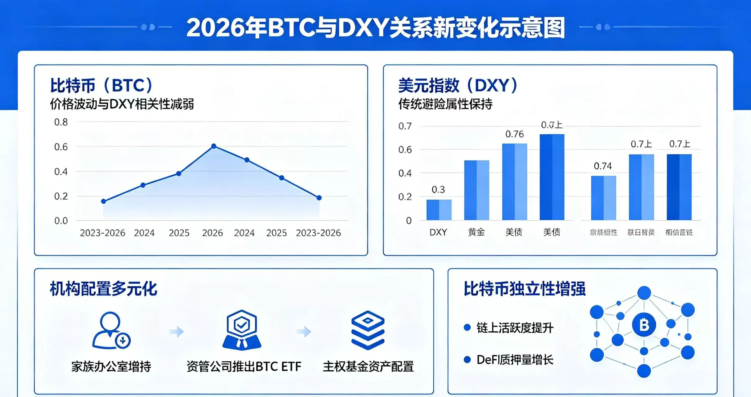 2026 年 BTC 与 DXY 关系新变化示意图，清晰展示比特币独立性增强、机构配置多元化等新趋势