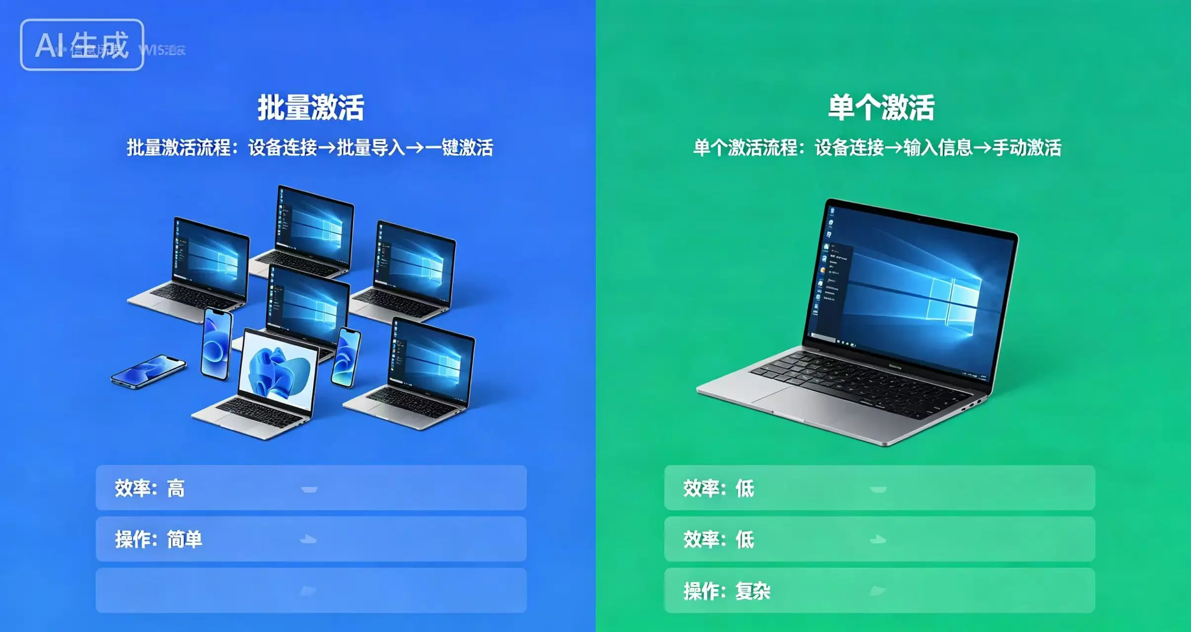 批量激活与单个激活对比示意图，展示两种激活场景的差异。