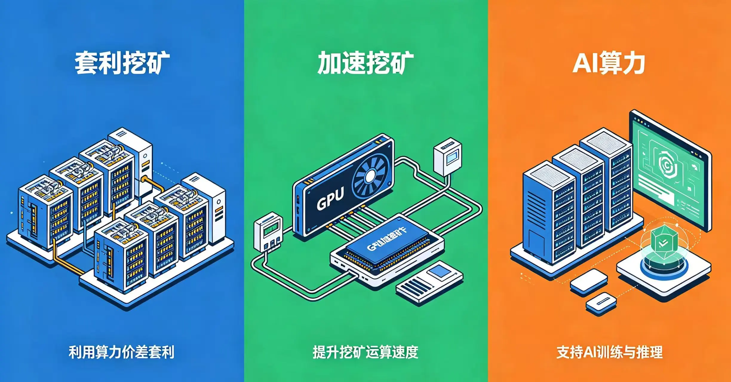 算力租赁典型场景示意图，展示套利挖矿、加速挖矿和 AI 算力三种使用场景。