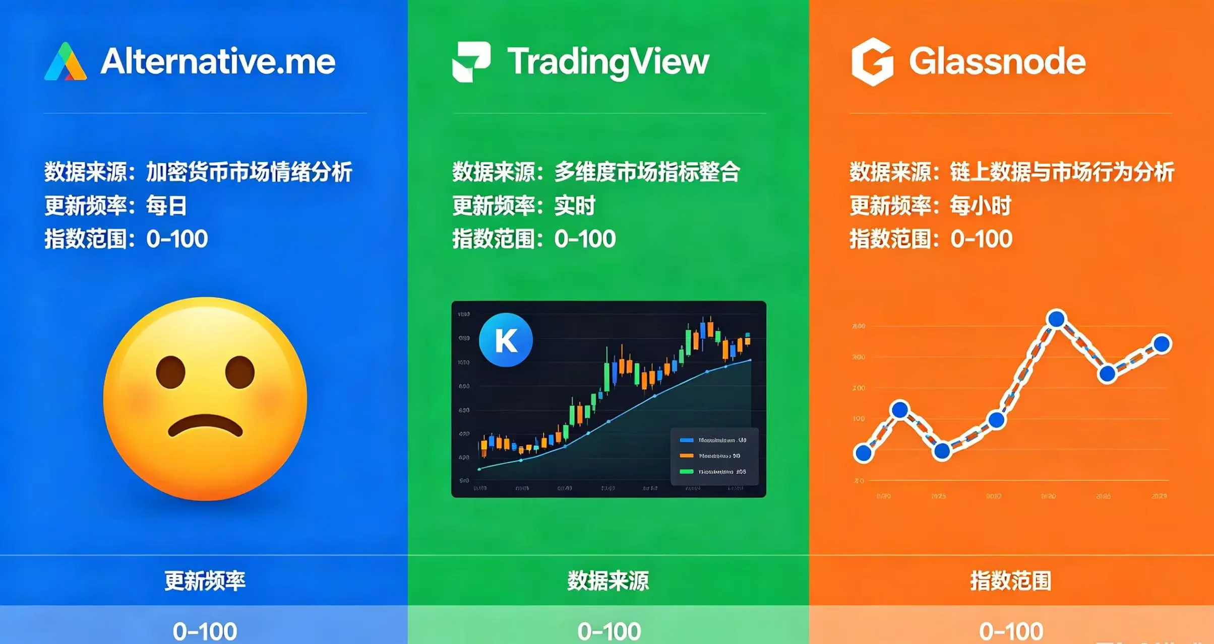 Alternative.me、TradingView、Glassnode 三种恐慌贪婪指数查询渠道对比信息图