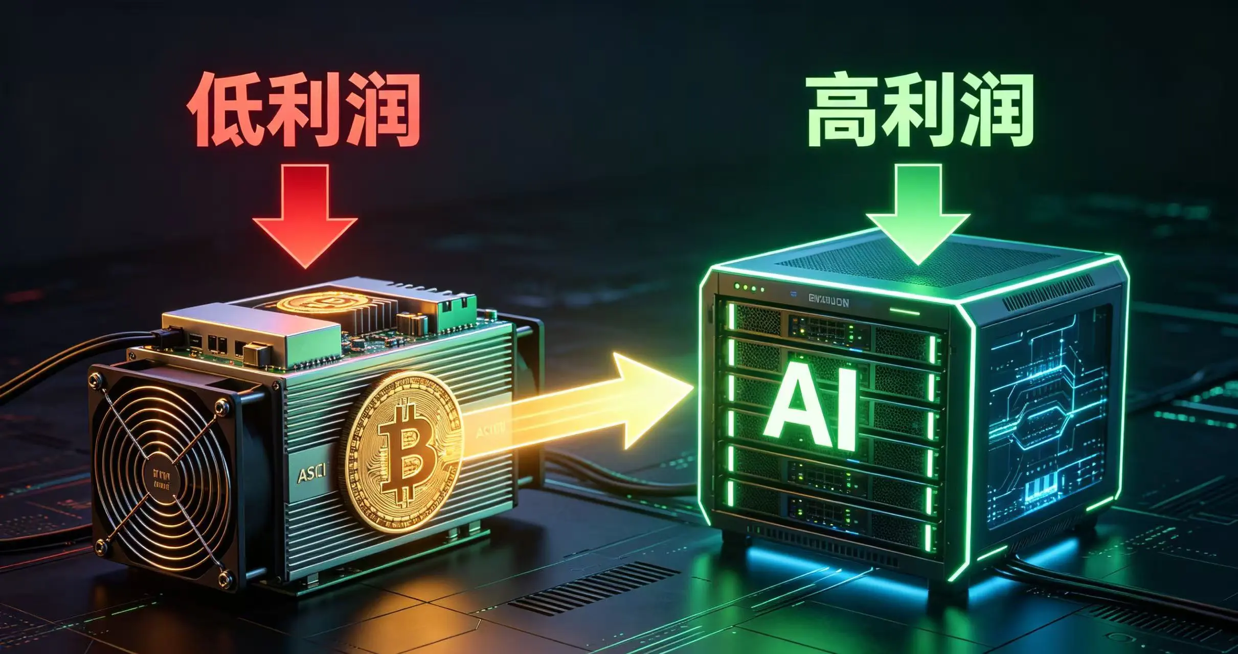  对比比特币挖矿（低利润）与 AI 算力（高利润）的概念图，一条箭头从矿机指向 AI 服务器，象征着资本和算力的转移。