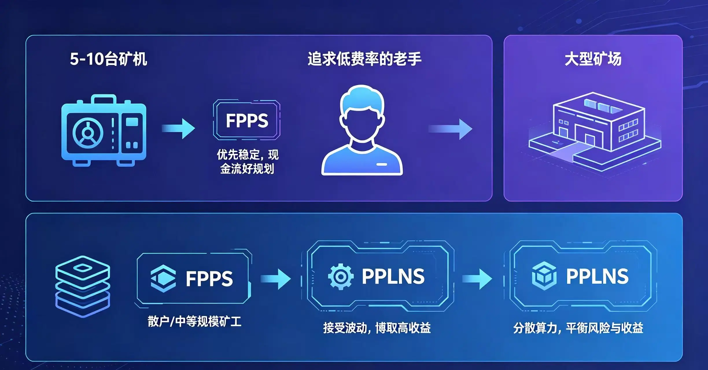  画面根据算力规模将矿工分为三类：散户 / 中等规模矿工（建议 FPPS，优先稳定）；追求低费率的老手（建议 PPLNS，接受波动）；大型矿场（建议分散算力到 FPPS 和 PPLNS，平衡风险与收益）。