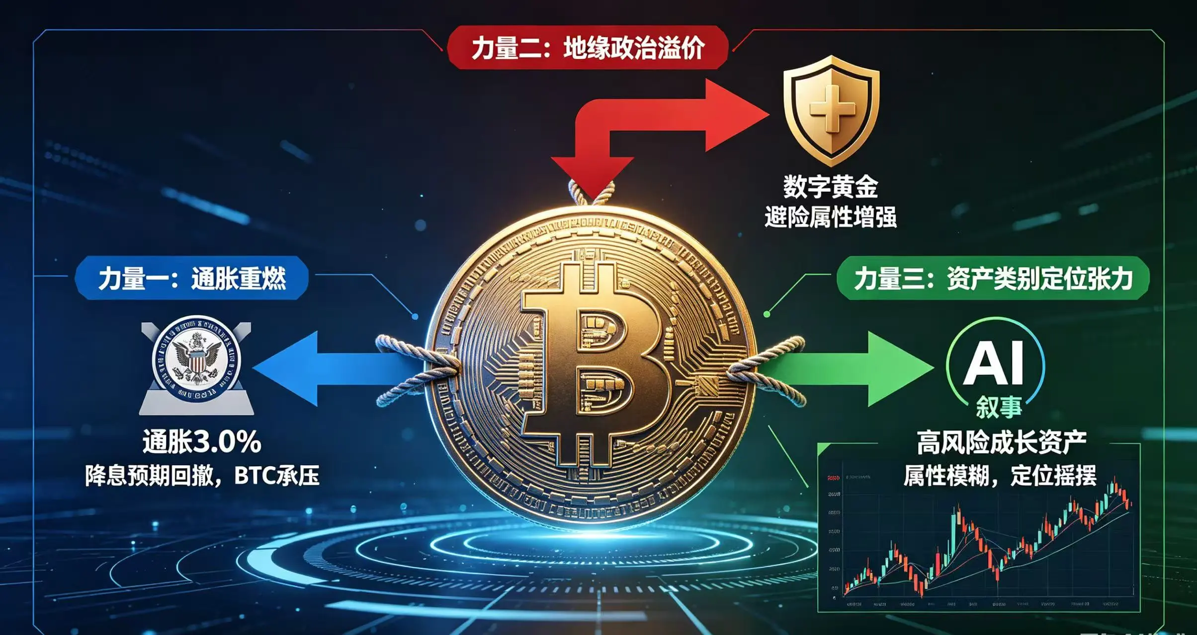 一个代表比特币的球体被三个方向的力量拉扯