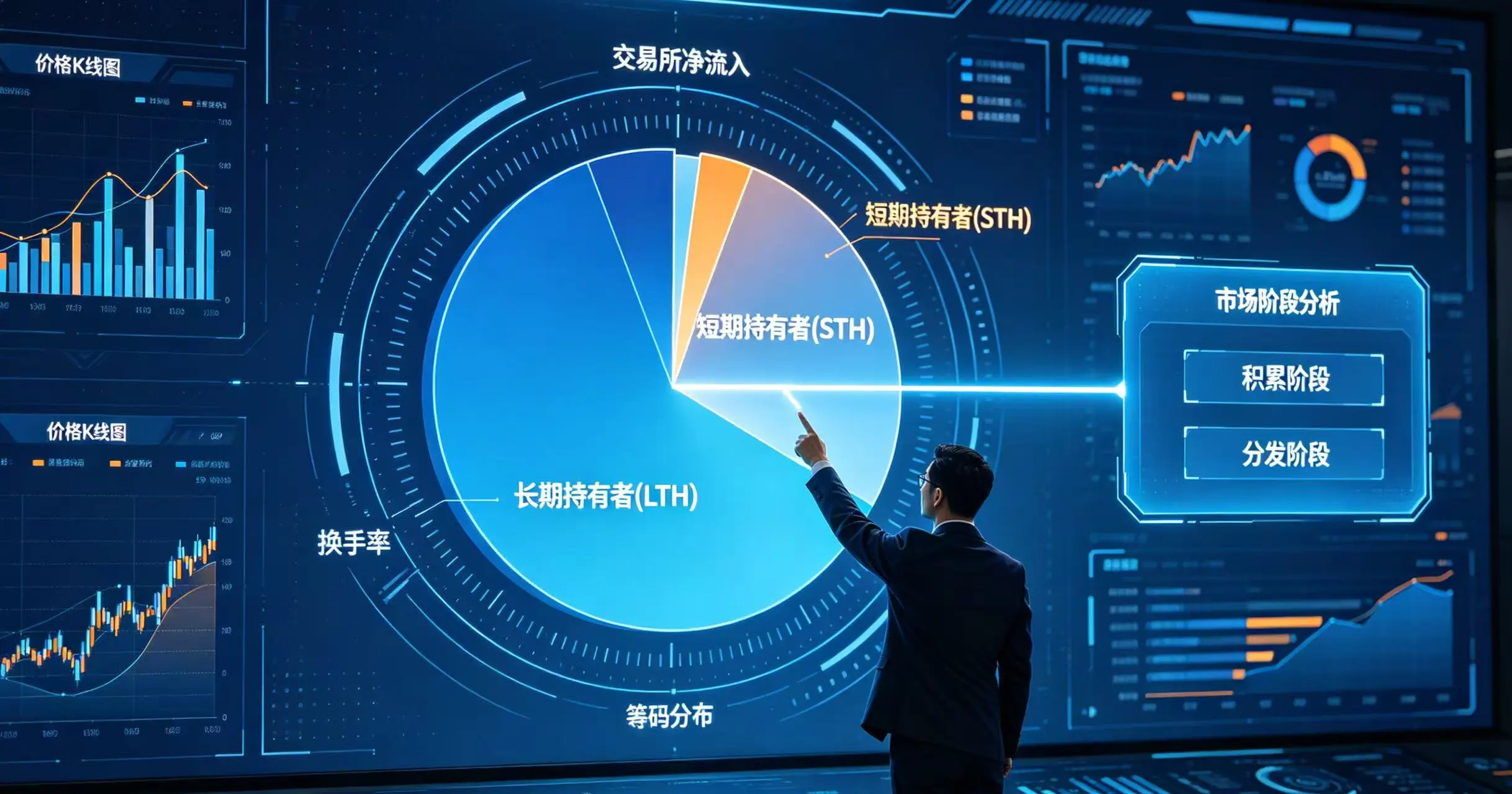 用户结合长期与短期持有者占比、交易所流量等多个链上指标，综合分析市场所处阶段的场景图。