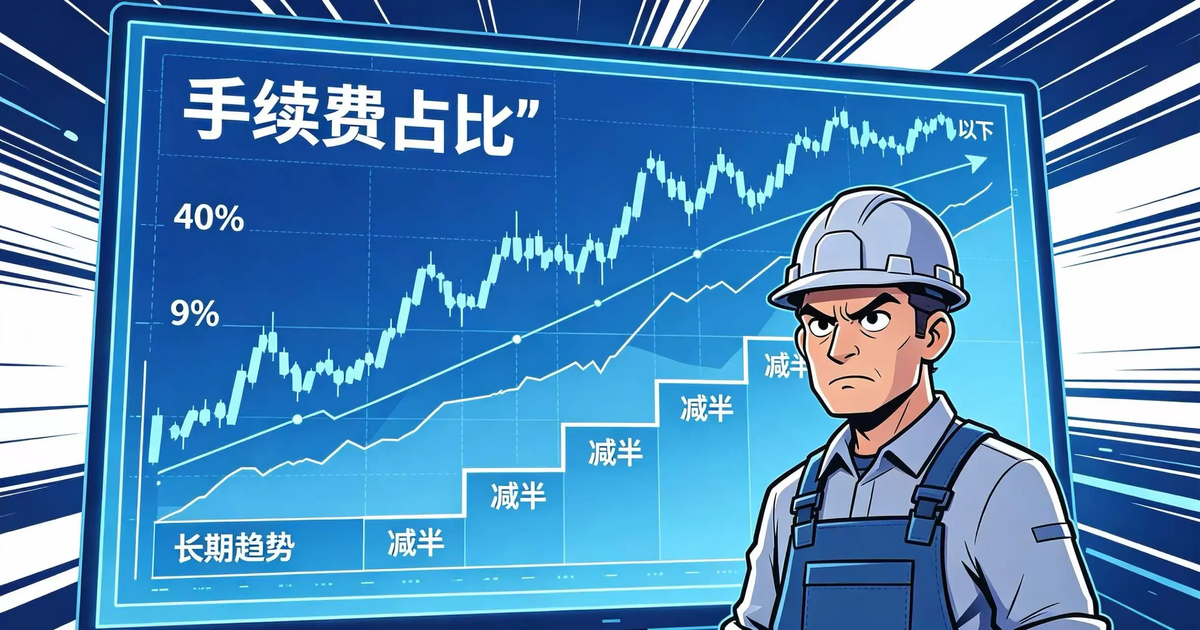 手续费占比波动示意图，通过一条过山车般的 K 线图和其下方稳步上升的移动平均线，直观地展示了手续费占比的短期剧烈波动与长期上升趋势。