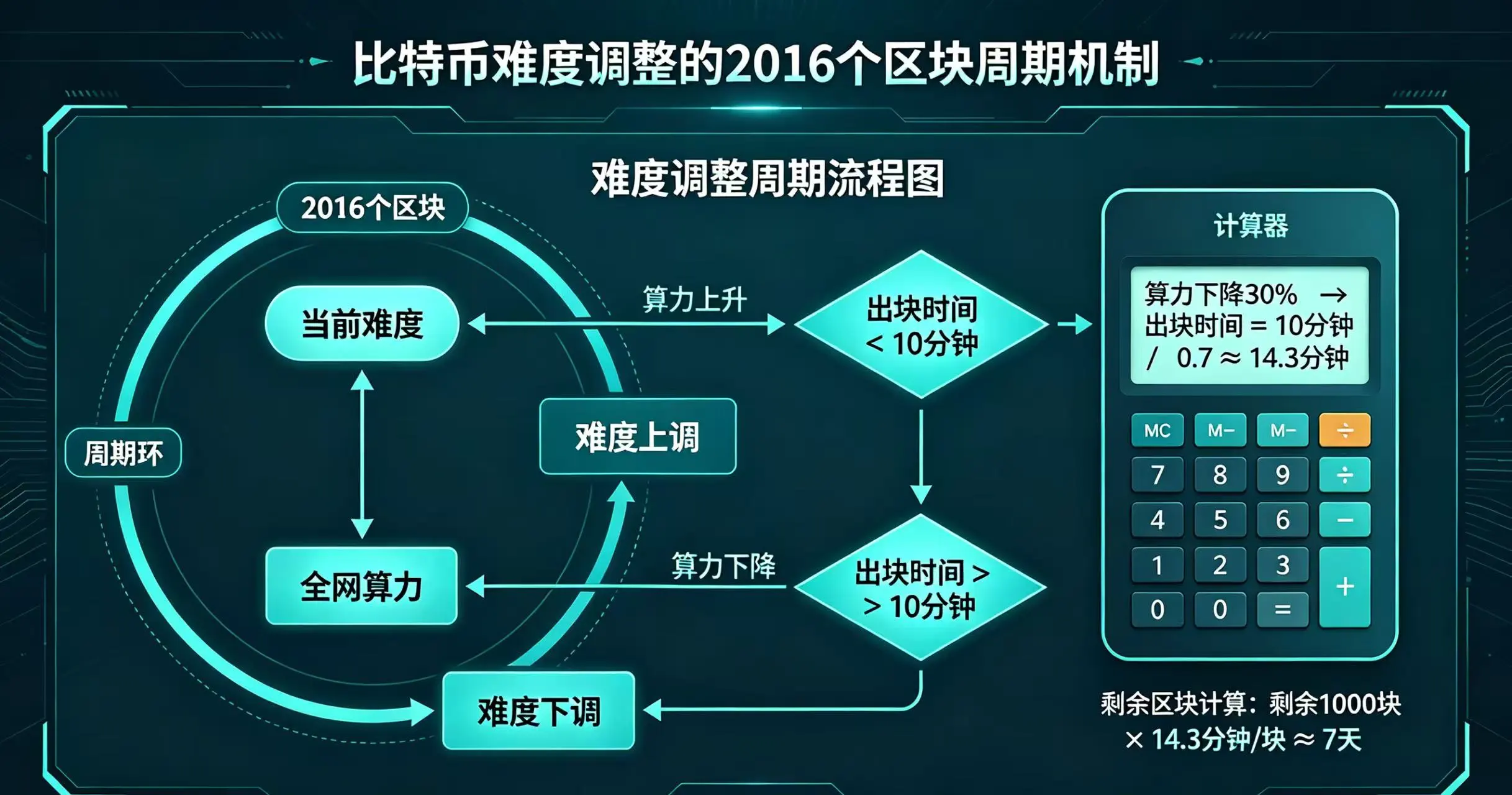 比特币难度调整周期与计算示意图