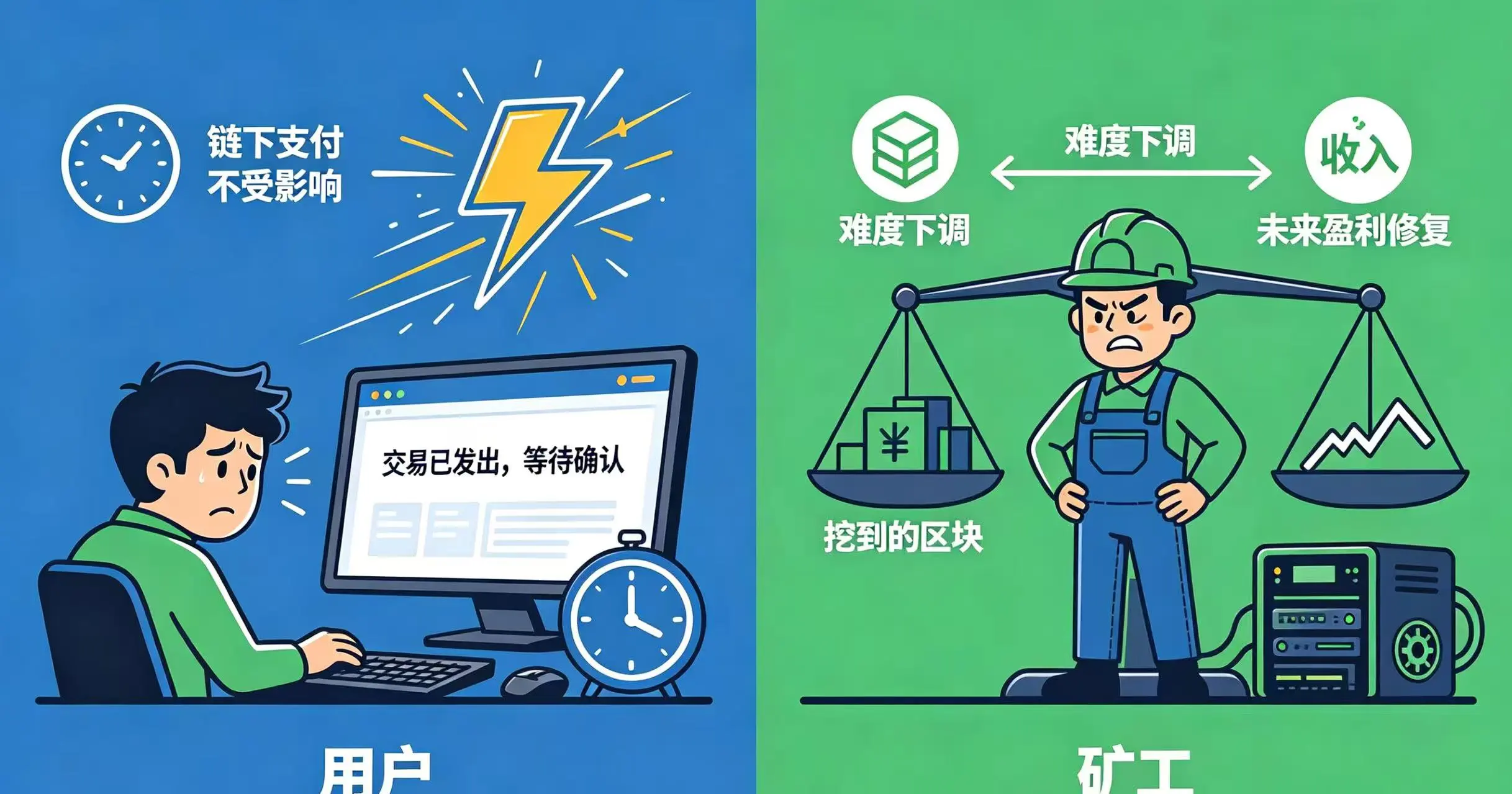 算力下降对用户与矿工影响的双面性示意图