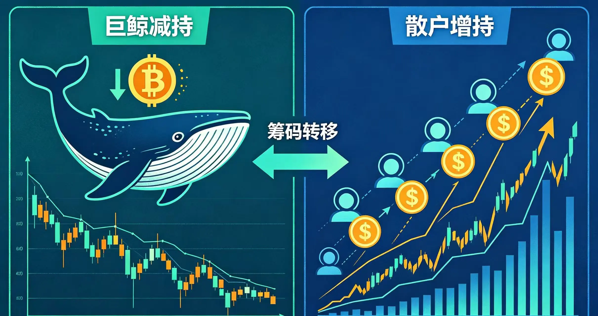 画面一分为二，左边是一个巨大的鲸鱼图标正在向下抛售比特币，K 线图下降；右边是许多小用户图标正在向上承接比特币，K 线图上升，中间有双向箭头表示筹码转移。